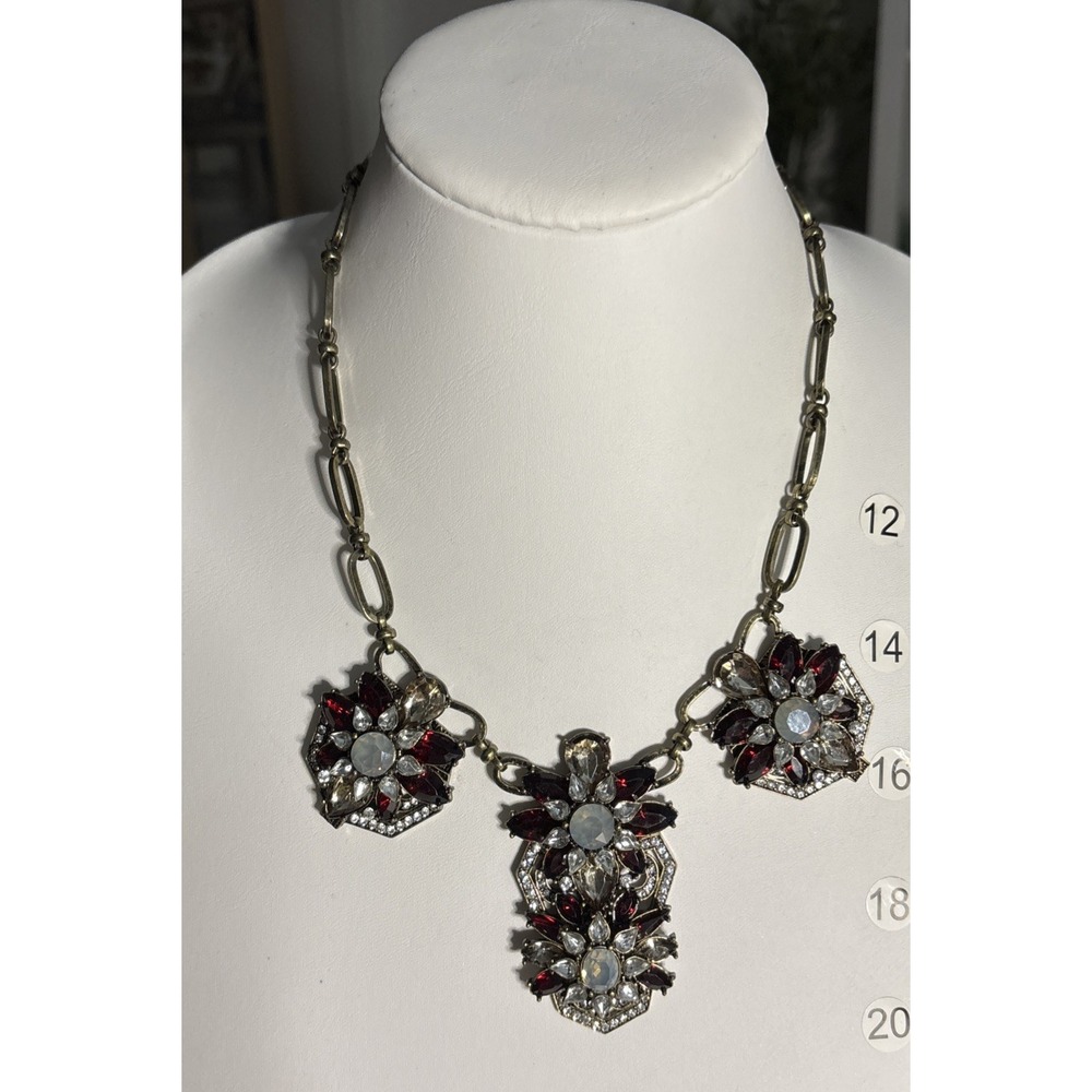 BaubleBar Burgundy Red Crystal Floral Statement Necklace Antique Gold Tone 20"